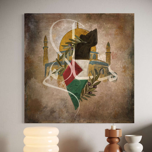 Palestine map with Masjid Al-Aqsa and olive leaves, Islamic canvas print